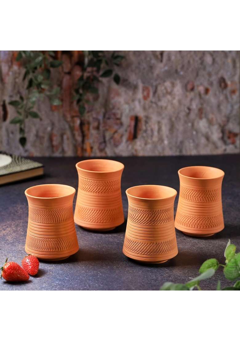 THE HANDICRAFTIAN Handcrafted Terracotta Jumbo Glass Set | 400 ml | 13.5 fl oz | 4-Piece Set | Microwave Safe - Indya