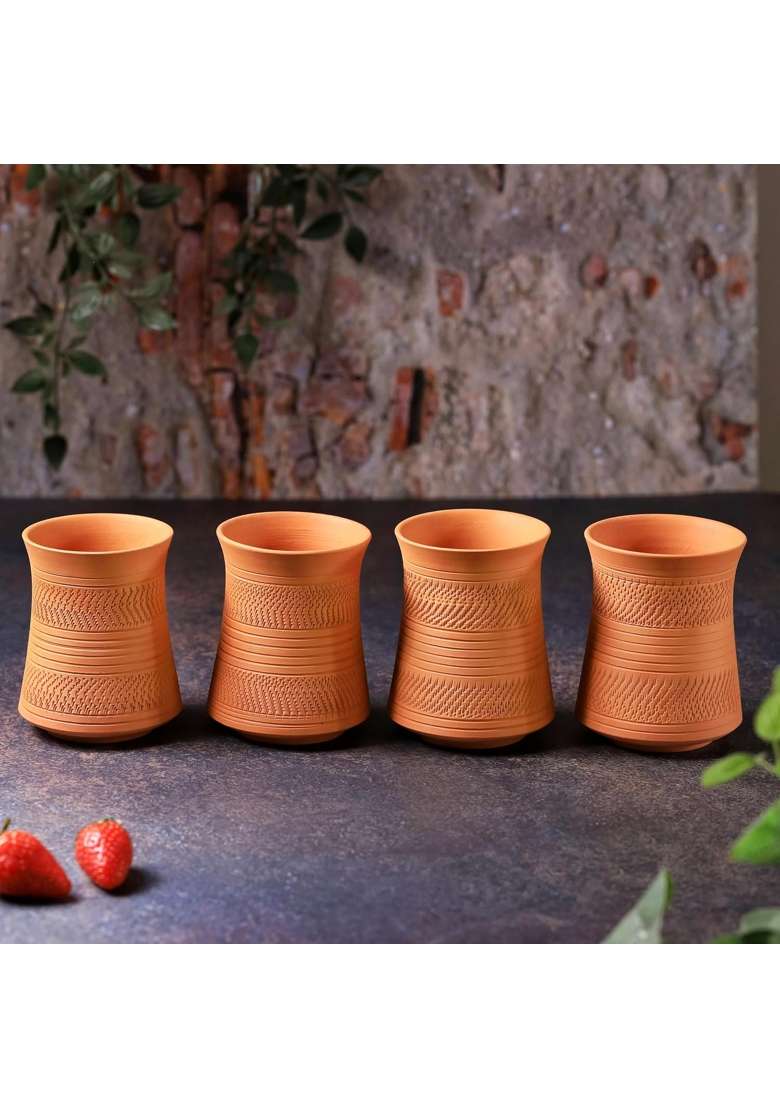 THE HANDICRAFTIAN Handcrafted Terracotta Jumbo Glass Set | 400 ml | 13.5 fl oz | 4-Piece Set | Microwave Safe - Indya