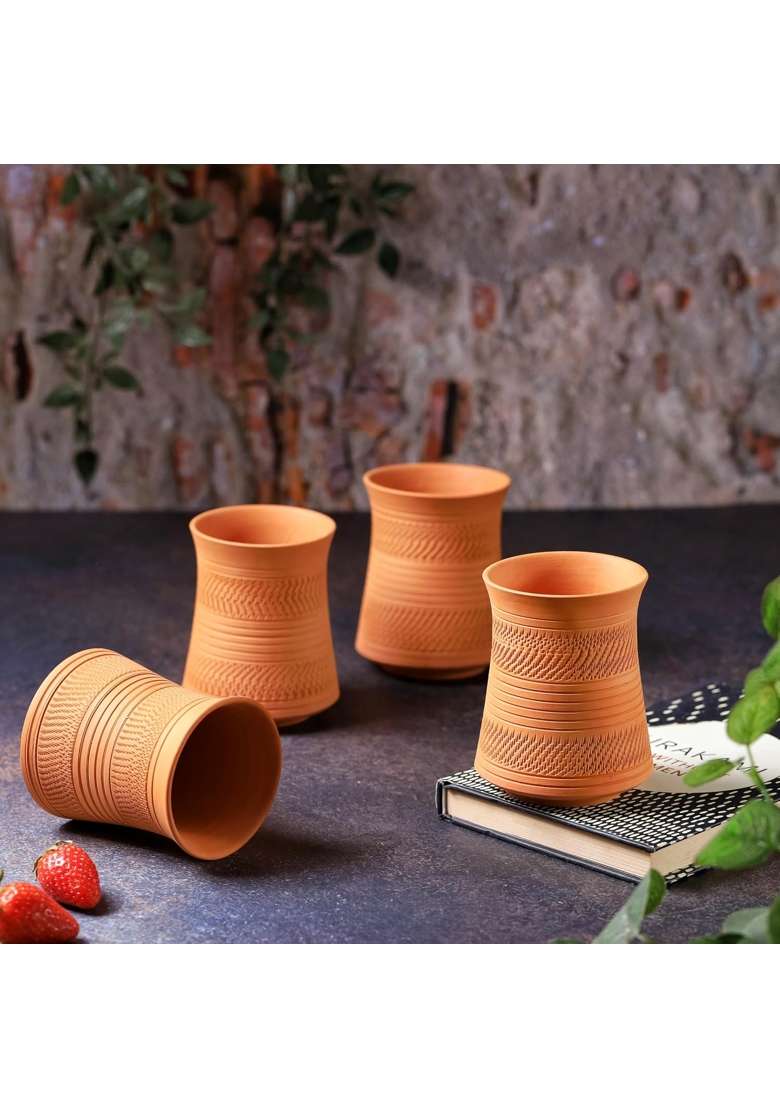 THE HANDICRAFTIAN Handcrafted Terracotta Jumbo Glass Set | 400 ml | 13.5 fl oz | 4-Piece Set | Microwave Safe - Indya