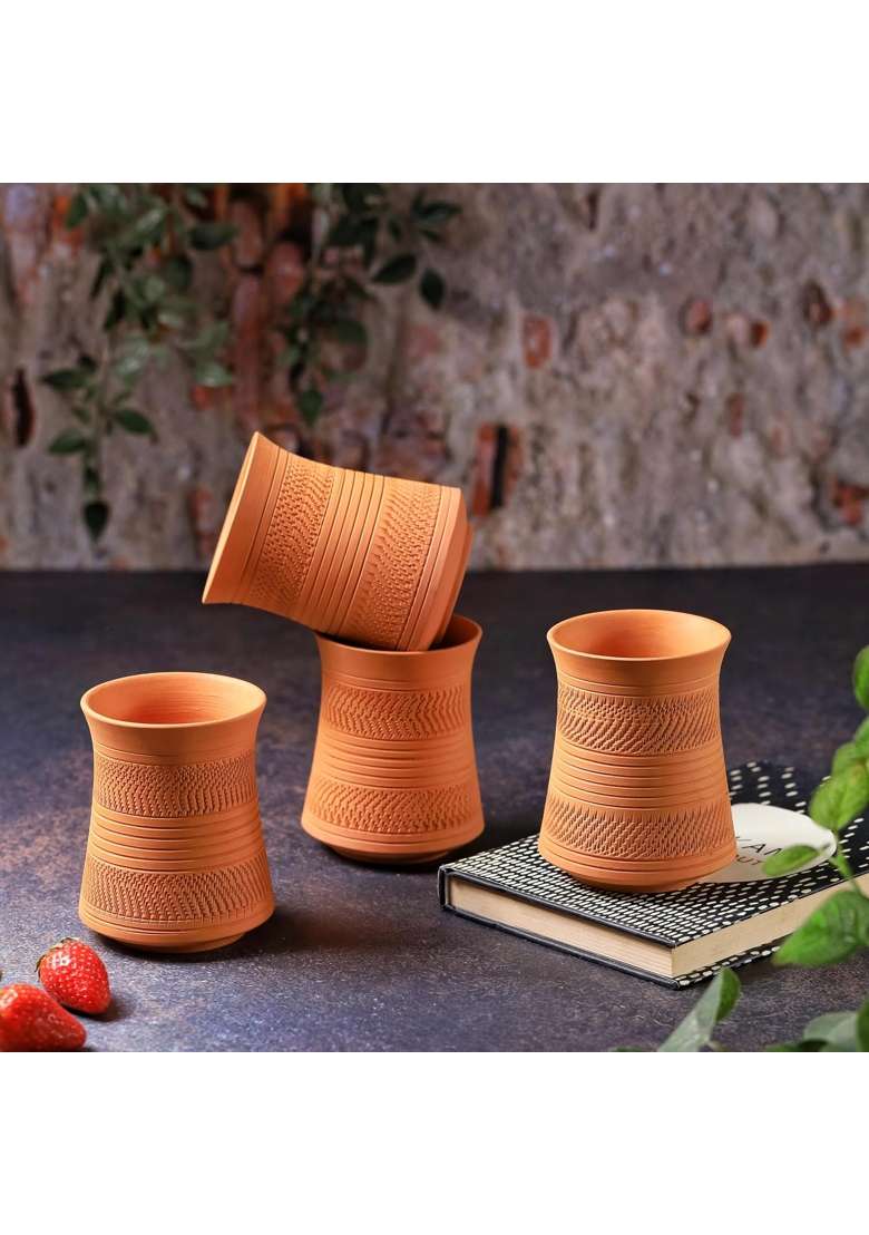 THE HANDICRAFTIAN Handcrafted Terracotta Jumbo Glass Set | 400 ml | 13.5 fl oz | 4-Piece Set | Microwave Safe - Indya