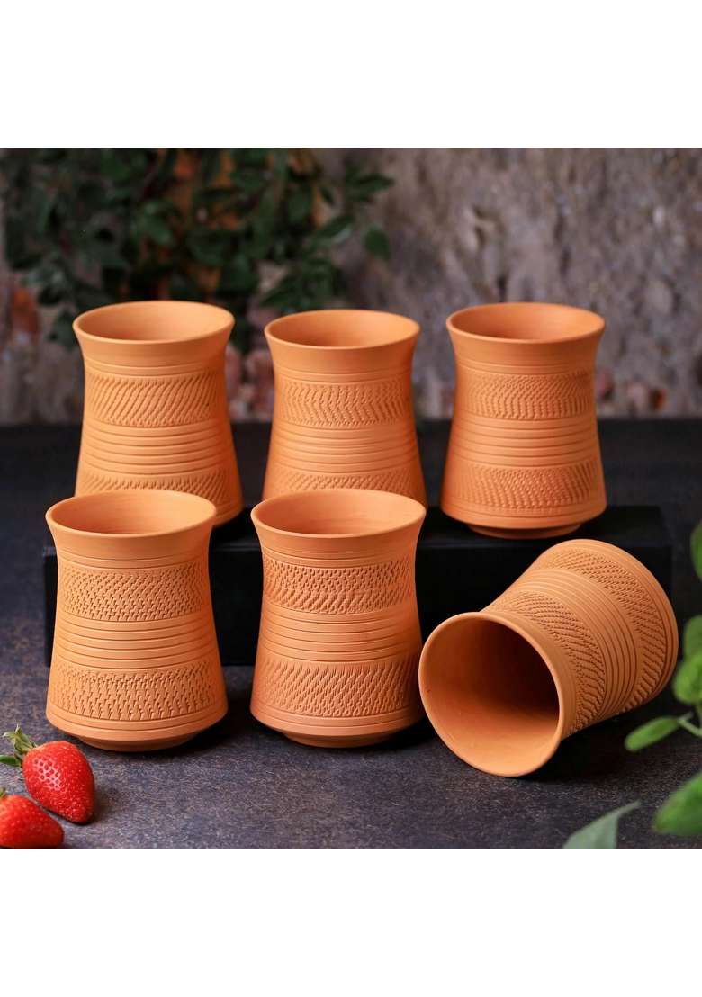 THE HANDICRAFTIAN Handcrafted Terracotta Jumbo Glass Set | 400 ml | 13.5 fl oz | 6-Piece Set | Microwave Safe - Indya