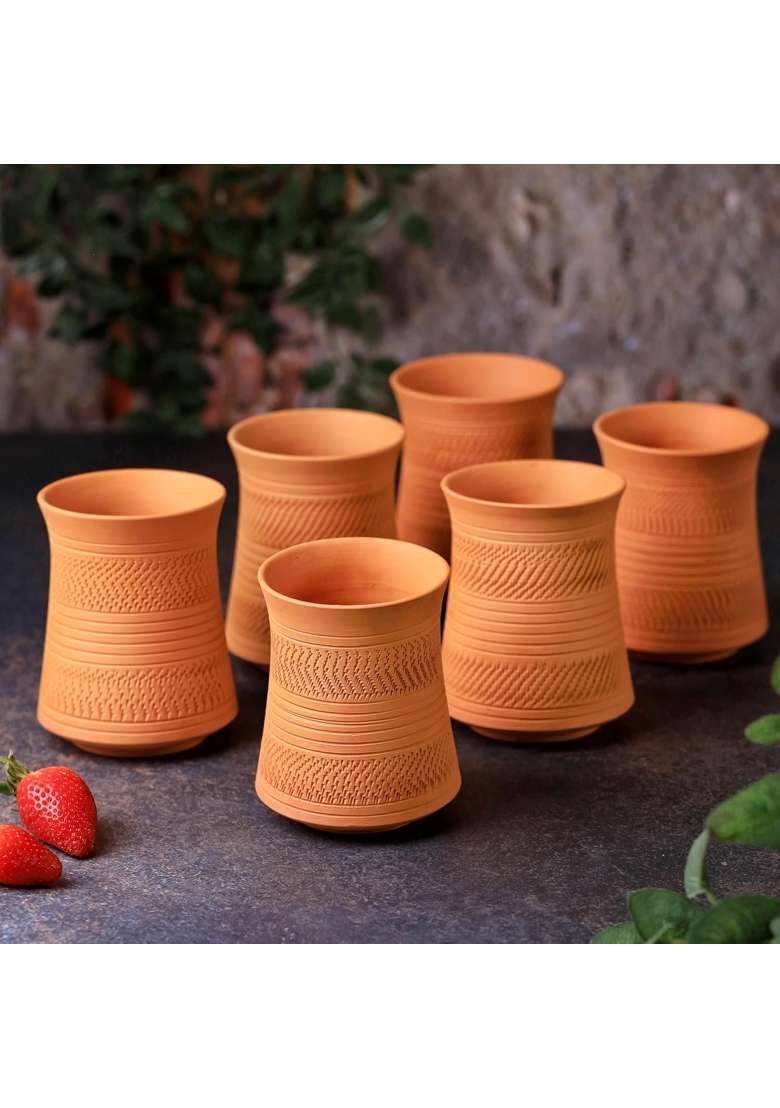 THE HANDICRAFTIAN Handcrafted Terracotta Jumbo Glass Set | 400 ml | 13.5 fl oz | 6-Piece Set | Microwave Safe - Indya