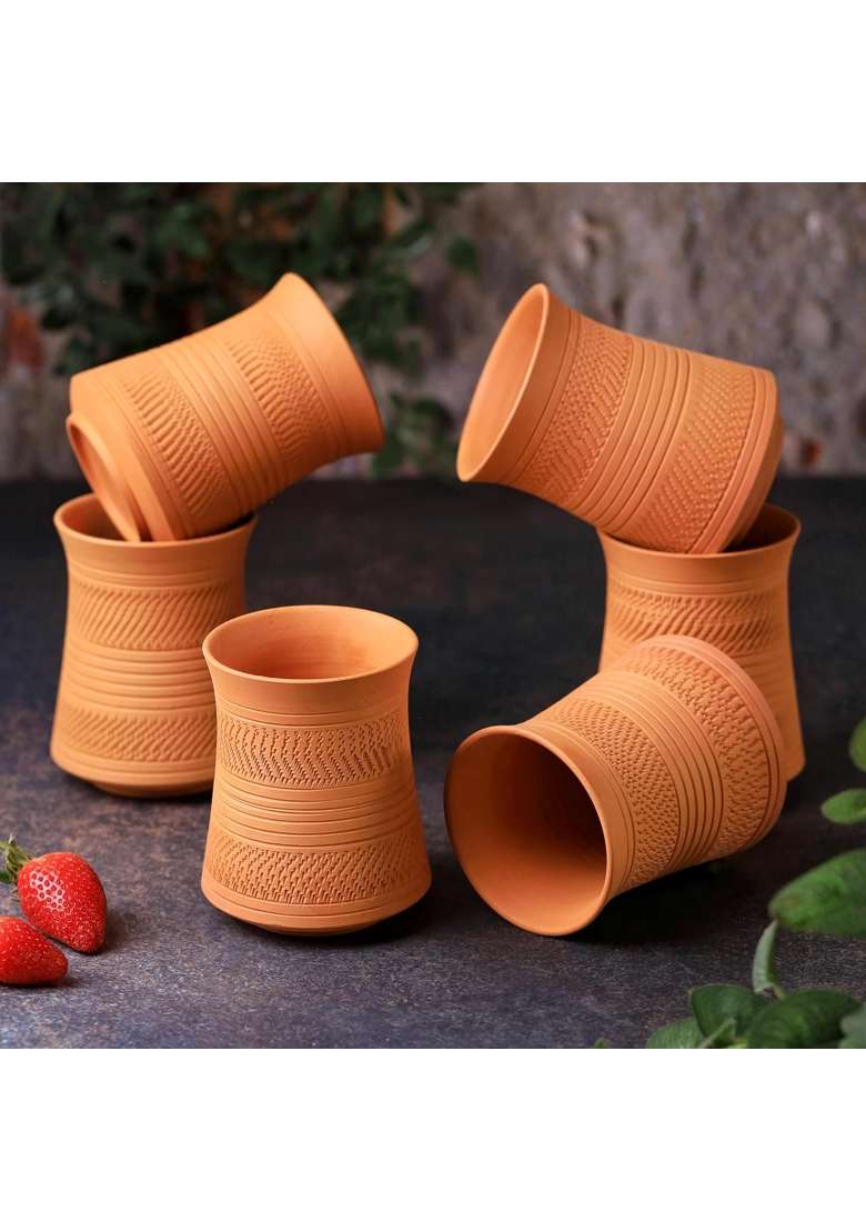 THE HANDICRAFTIAN Handcrafted Terracotta Jumbo Glass Set | 400 ml | 13.5 fl oz | 6-Piece Set | Microwave Safe - Indya