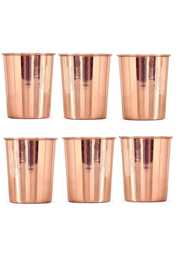 Adoko Pure Copper Tumbler Set | 300 ml | 10.1 fl oz | 6-Piece Set | Handcrafted - Indya