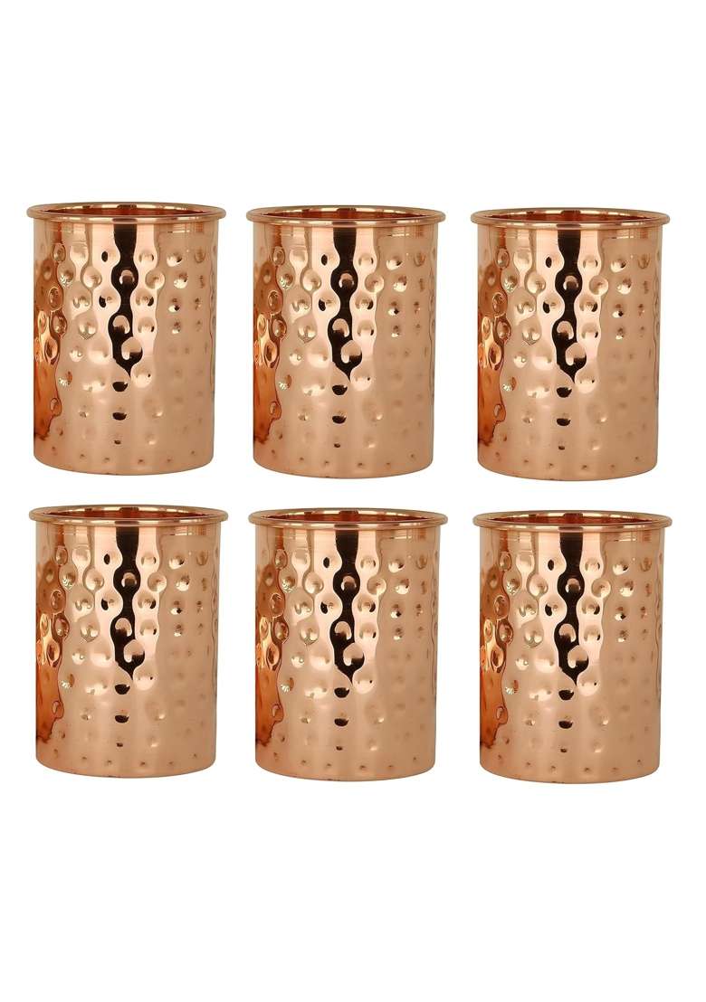 Adoko 100 Pure Copper Hammered Tumbler | 300 ml | 10.1 fl oz | 6-Piece Set | Handcrafted - Indya