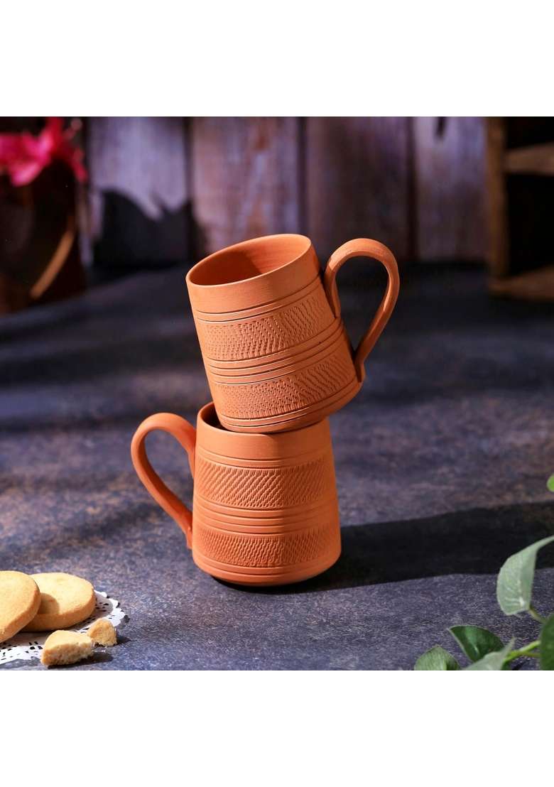 THE HANDICRAFTIAN Handcrafted Terracotta Coffee Mug | 2-Piece Set | Microwave Safe - Indya