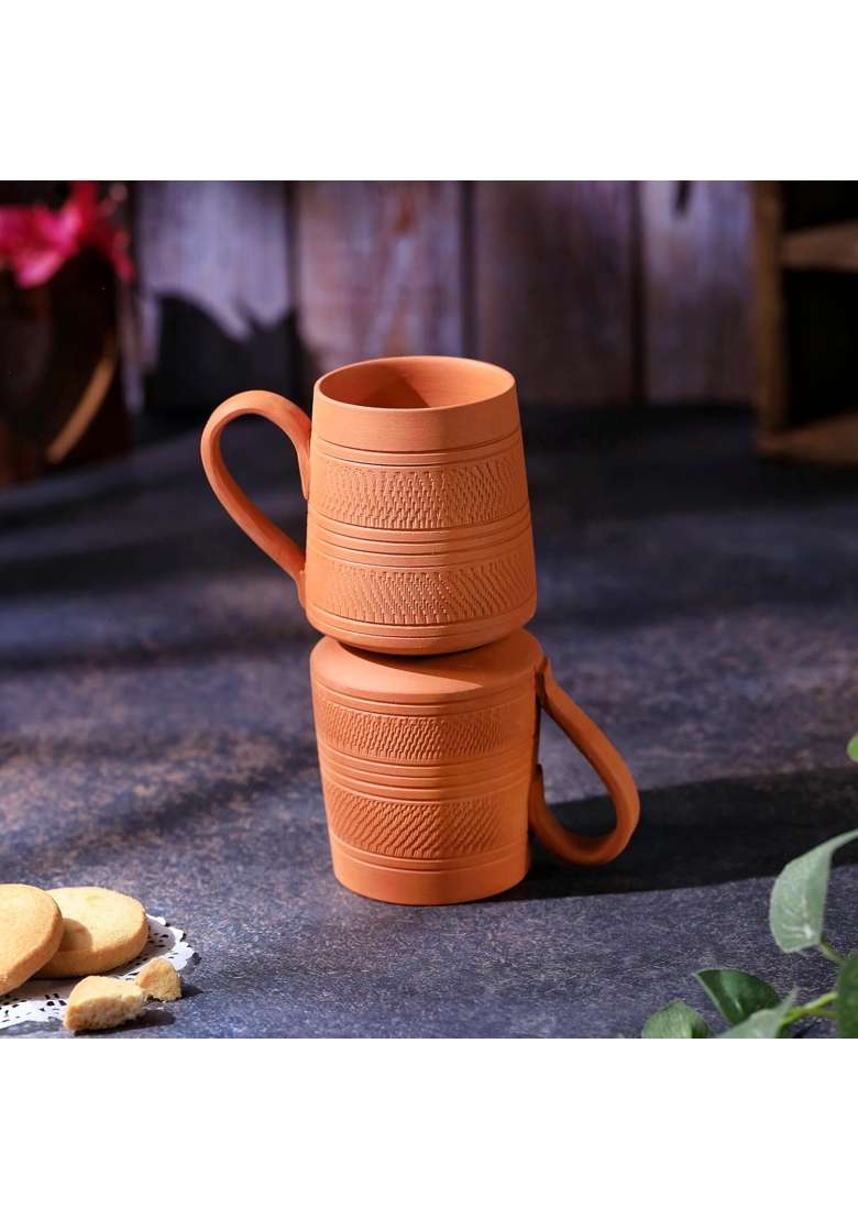 THE HANDICRAFTIAN Handcrafted Terracotta Coffee Mug | 2-Piece Set | Microwave Safe - Indya