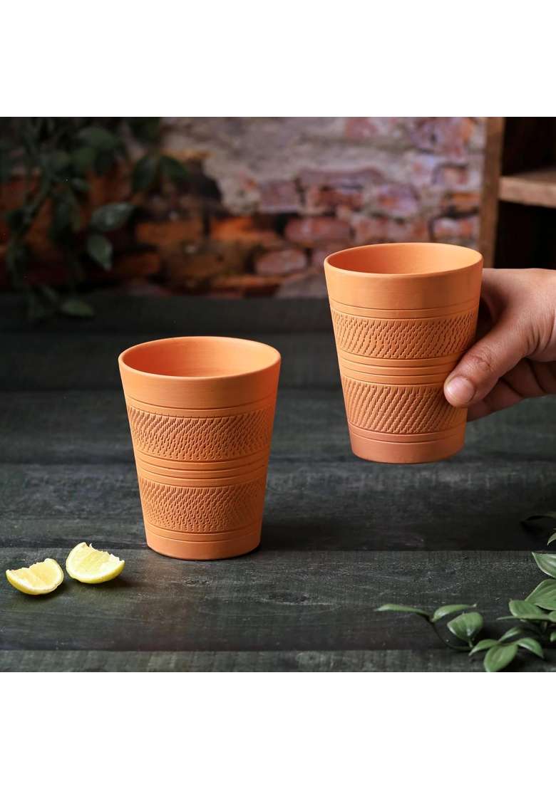 THE HANDICRAFTIAN Handcrafted Terracotta Jumbo Glass Set | 400 ml | 13.5 fl oz | 2-Piece Set | Microwave Safe - Indya