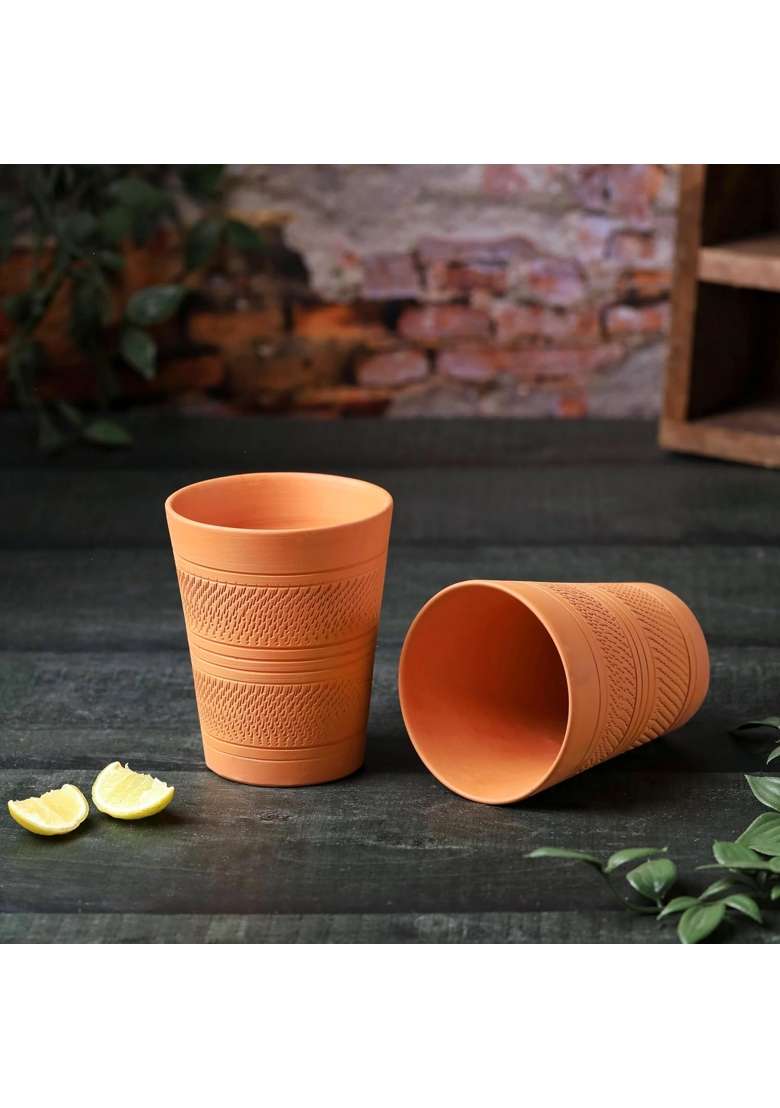 THE HANDICRAFTIAN Handcrafted Terracotta Jumbo Glass Set | 400 ml | 13.5 fl oz | 2-Piece Set | Microwave Safe - Indya