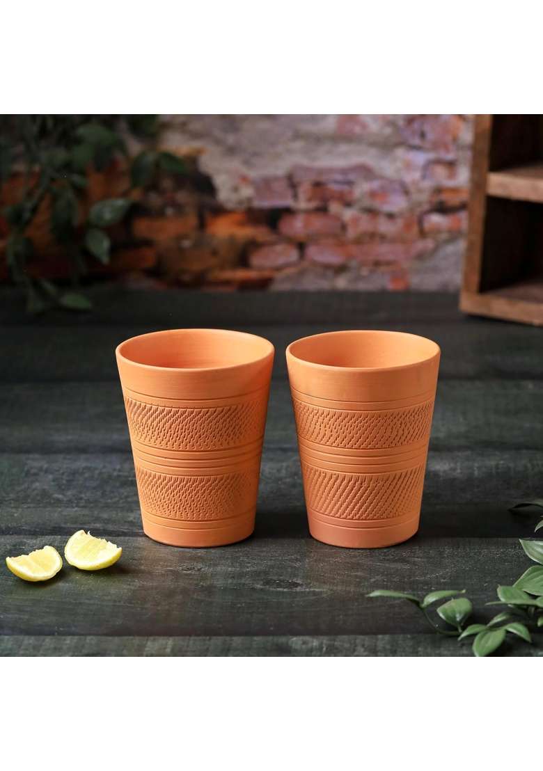 THE HANDICRAFTIAN Handcrafted Terracotta Jumbo Glass Set | 400 ml | 13.5 fl oz | 2-Piece Set | Microwave Safe - Indya