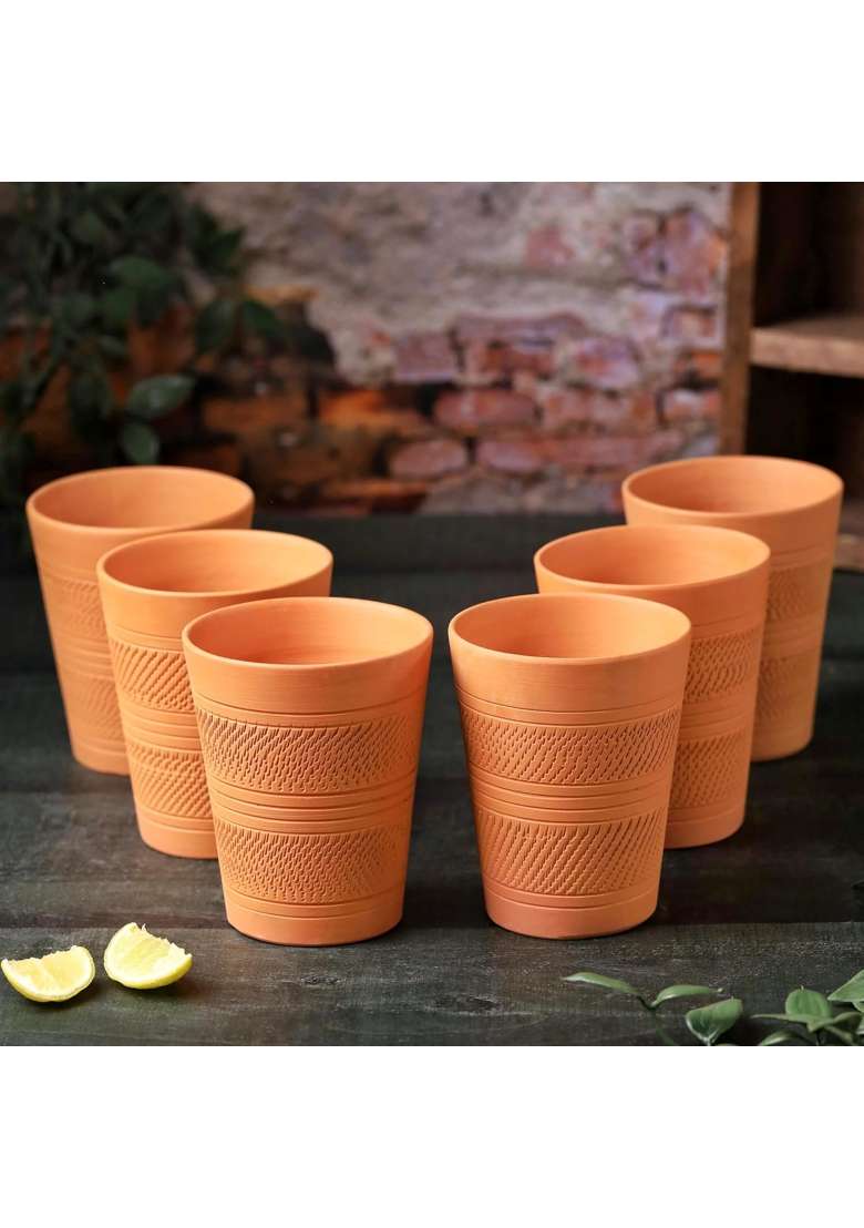 THE HANDICRAFTIAN Handcrafted Terracotta Jumbo Glass Set | 400 ml | 13.5 fl oz | 6-Piece Set | Microwave Safe - Indya