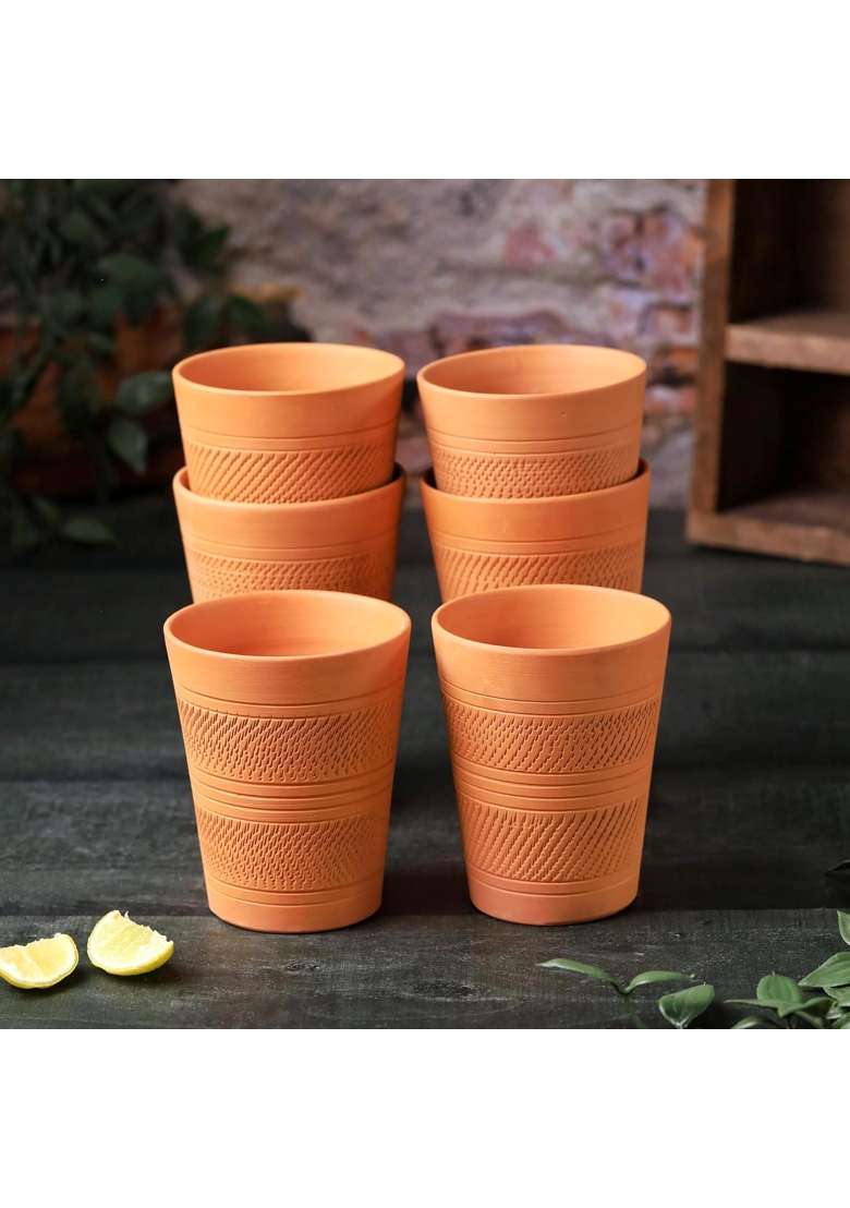 THE HANDICRAFTIAN Handcrafted Terracotta Jumbo Glass Set | 400 ml | 13.5 fl oz | 6-Piece Set | Microwave Safe - Indya
