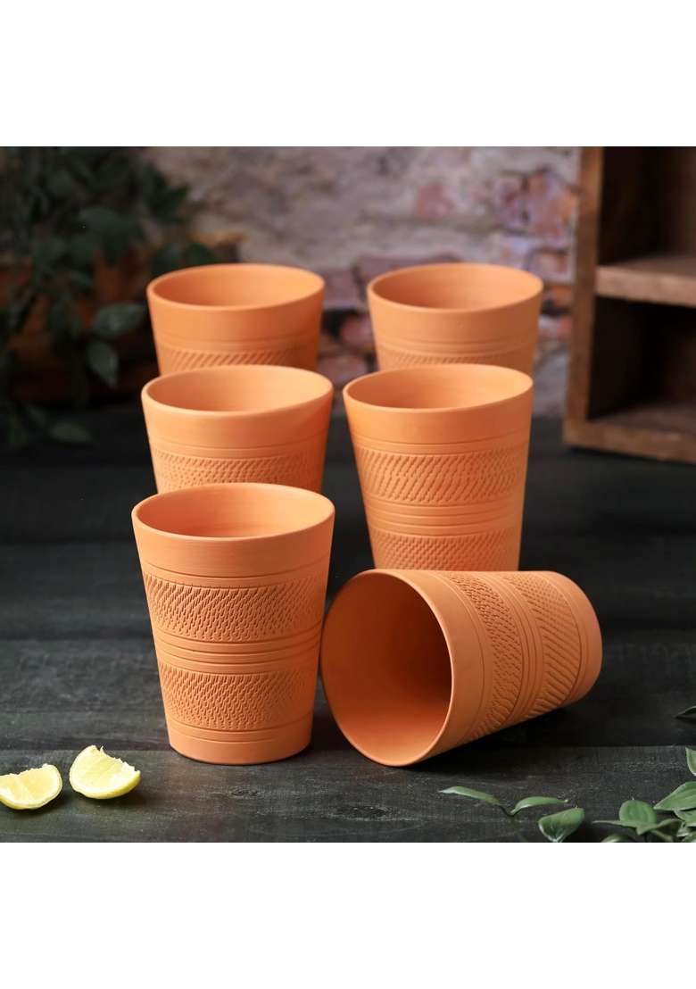 THE HANDICRAFTIAN Handcrafted Terracotta Jumbo Glass Set | 400 ml | 13.5 fl oz | 6-Piece Set | Microwave Safe - Indya