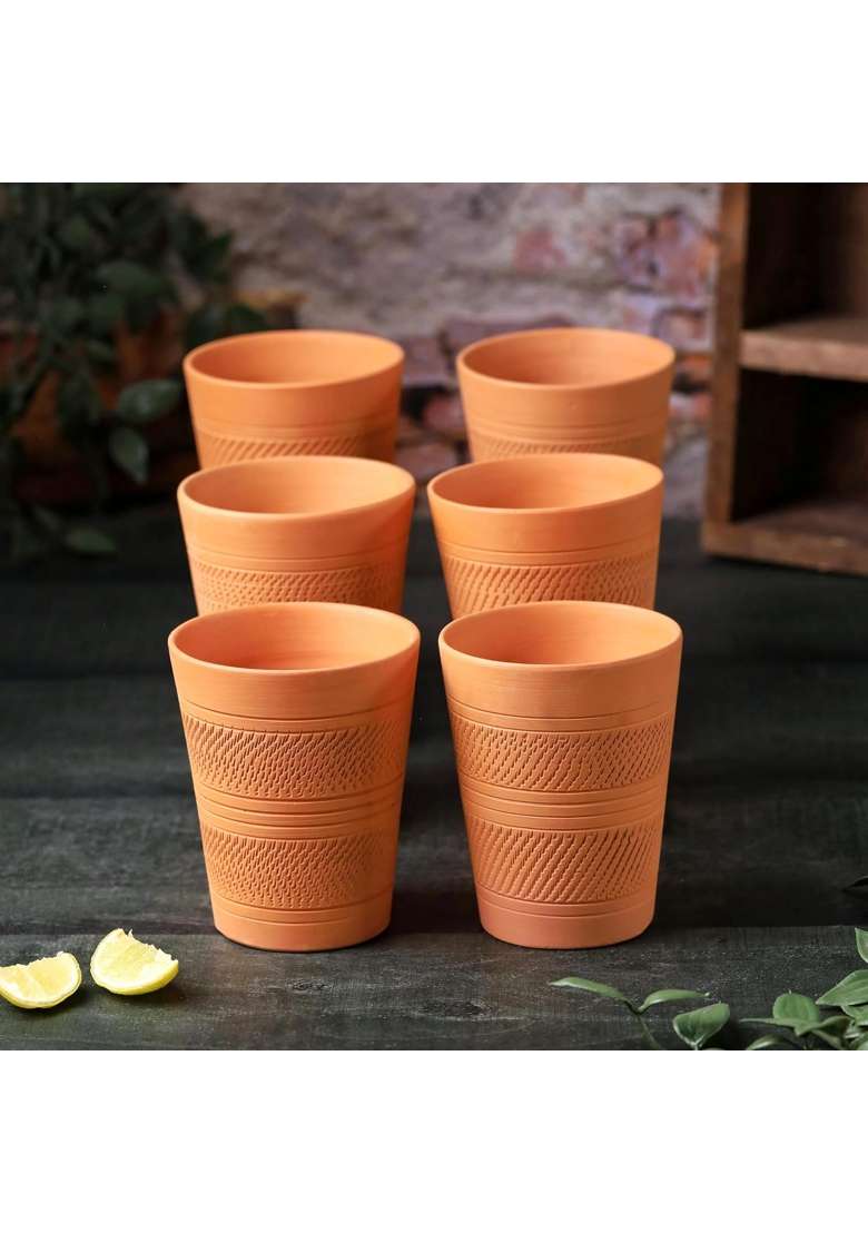 THE HANDICRAFTIAN Handcrafted Terracotta Jumbo Glass Set | 400 ml | 13.5 fl oz | 6-Piece Set | Microwave Safe - Indya