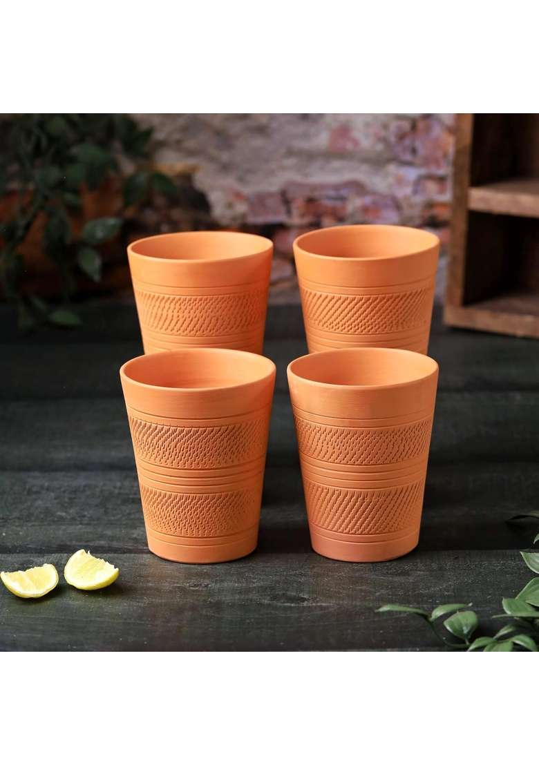 THE HANDICRAFTIAN Handcrafted Terracotta Jumbo Glass Set | 400 ml | 13.5 fl oz | 4-Piece Set | Microwave Safe - Indya