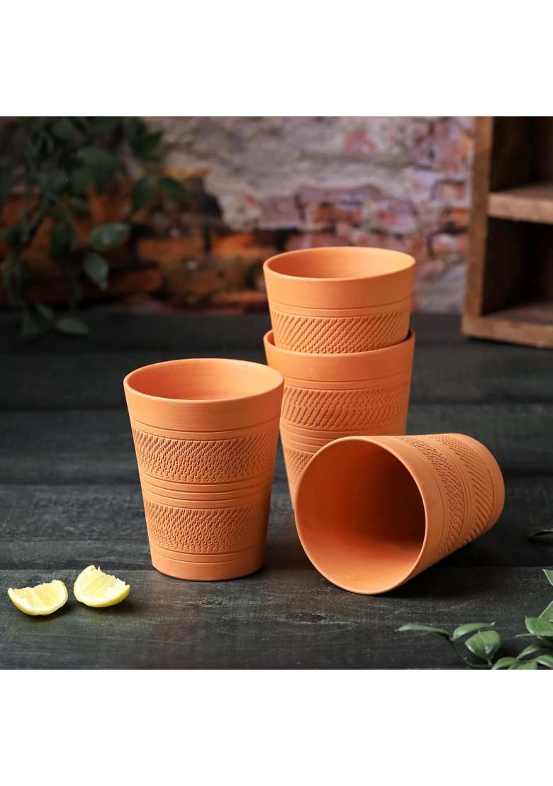 THE HANDICRAFTIAN Handcrafted Terracotta Jumbo Glass Set | 400 ml | 13.5 fl oz | 4-Piece Set | Microwave Safe - Indya