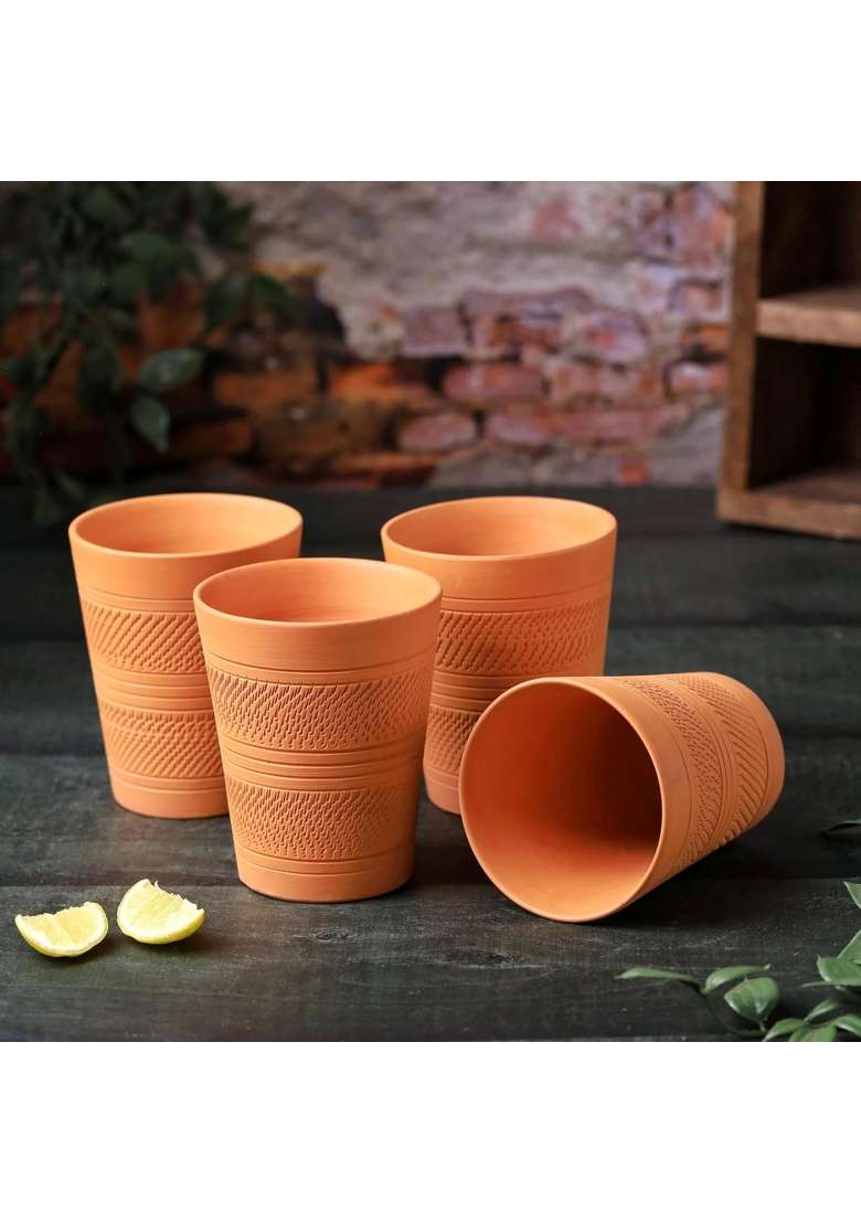 THE HANDICRAFTIAN Handcrafted Terracotta Jumbo Glass Set | 400 ml | 13.5 fl oz | 4-Piece Set | Microwave Safe - Indya