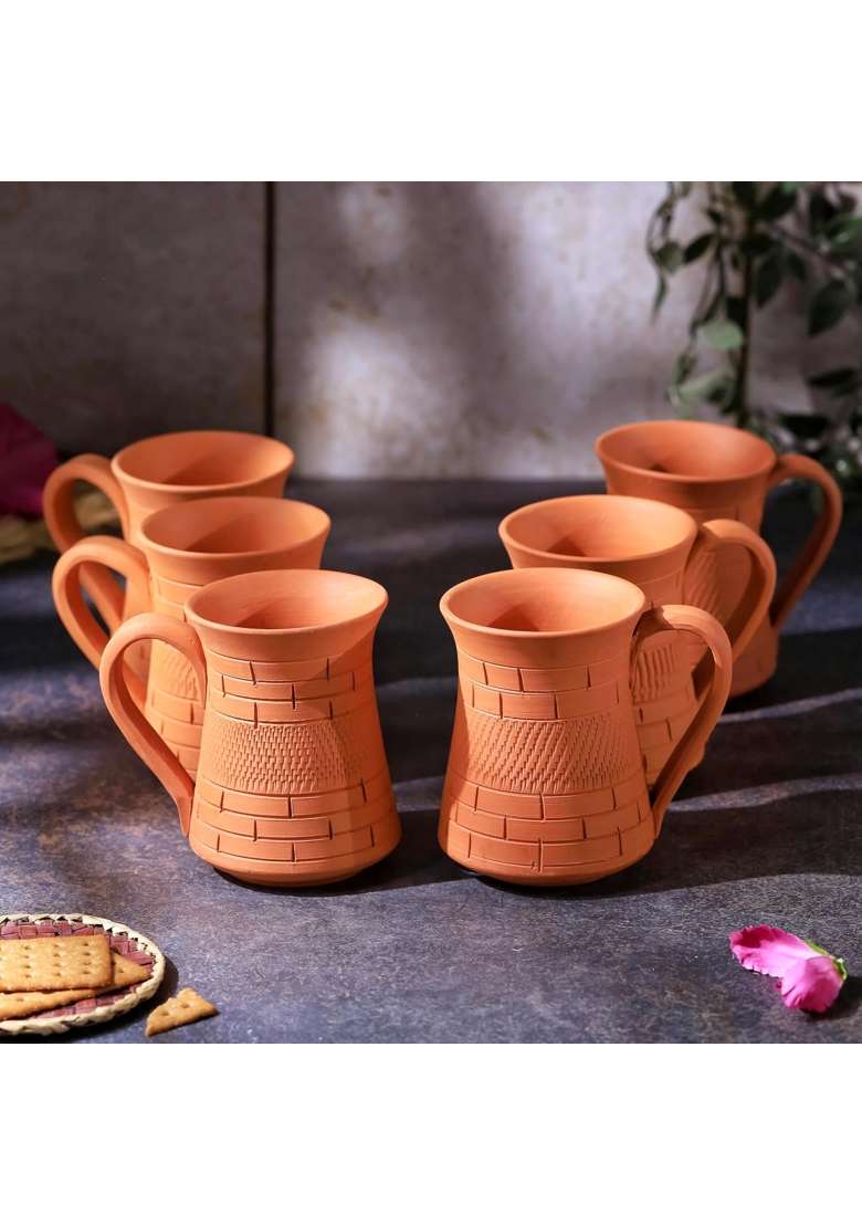 THE HANDICRAFTIAN Handcrafted Terracotta Royal Jumbo Mug Set | 350 ml | 11.8 fl oz | 6-Piece Set | Microwave Safe - Indya