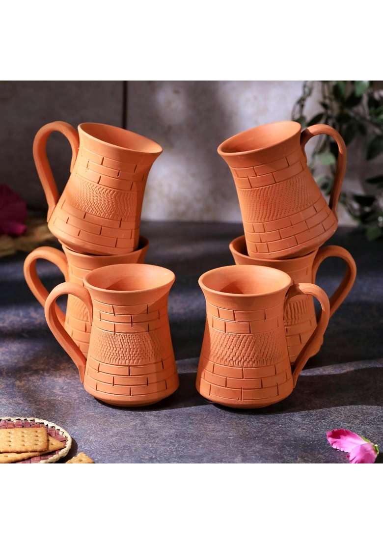 THE HANDICRAFTIAN Handcrafted Terracotta Royal Jumbo Mug Set | 350 ml | 11.8 fl oz | 6-Piece Set | Microwave Safe - Indya