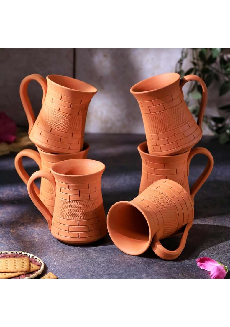 THE HANDICRAFTIAN Handcrafted Terracotta Royal Jumbo Mug Set | 350 ml | 11.8 fl oz | 6-Piece Set | Microwave Safe - Indya