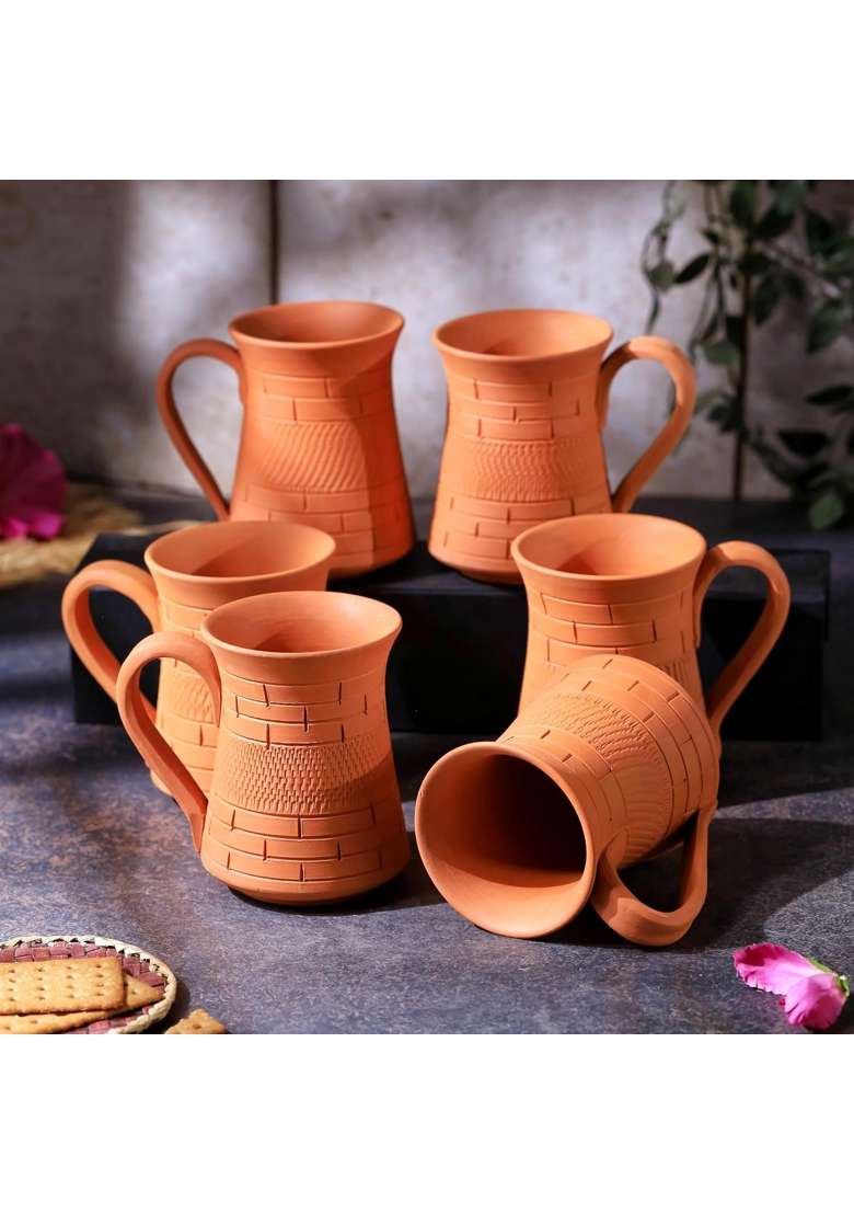 THE HANDICRAFTIAN Handcrafted Terracotta Royal Jumbo Mug Set | 350 ml | 11.8 fl oz | 6-Piece Set | Microwave Safe - Indya