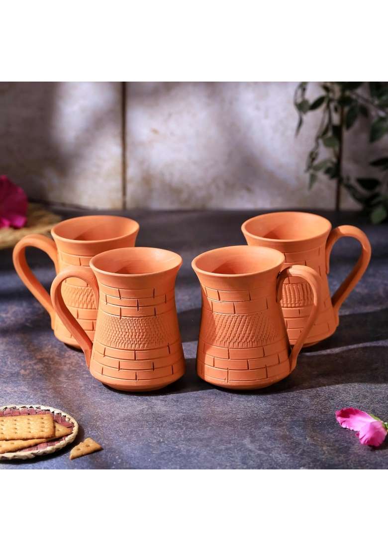THE HANDICRAFTIAN Handcrafted Terracotta Royal Jumbo Mug Set | 350 ml | 11.8 fl oz | 4-Piece Set | Microwave Safe - Indya