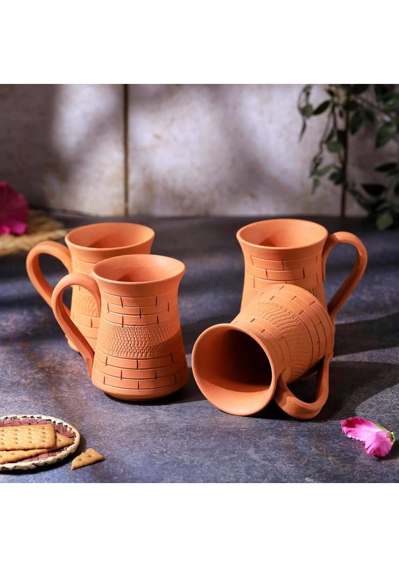 THE HANDICRAFTIAN Handcrafted Terracotta Royal Jumbo Mug Set | 350 ml | 11.8 fl oz | 4-Piece Set | Microwave Safe - Indya