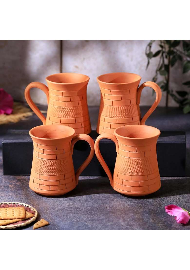 THE HANDICRAFTIAN Handcrafted Terracotta Royal Jumbo Mug Set | 350 ml | 11.8 fl oz | 4-Piece Set | Microwave Safe - Indya