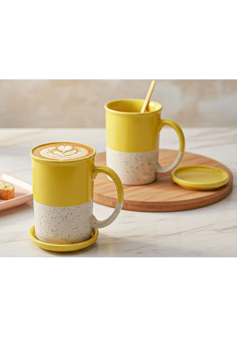 Bodhi House Ceramic Tea and Coffee Mug with Coaster | 300 ml | 10.1 fl oz | 2-Piece Set - Indya