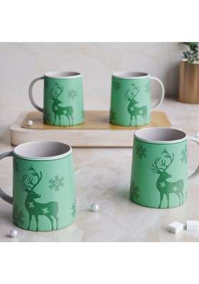 The Earth Store Green Reindeer Ceramic Coffee Mug | 300 ml | 10.1 fl oz | 4-Piece Set | Dishwasher Safe | Microwave Safe