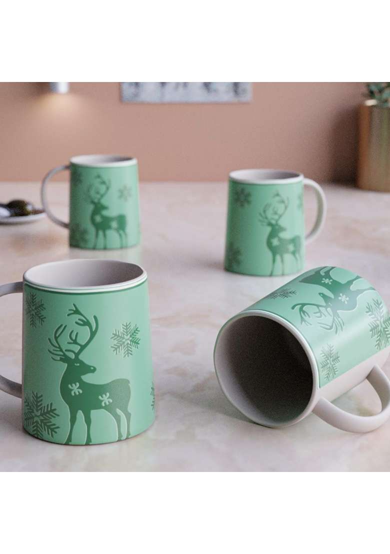 The Earth Store Green Reindeer Ceramic Coffee Mug | 300 ml | 10.1 fl oz | 4-Piece Set | Dishwasher Safe | Microwave Safe - Indya