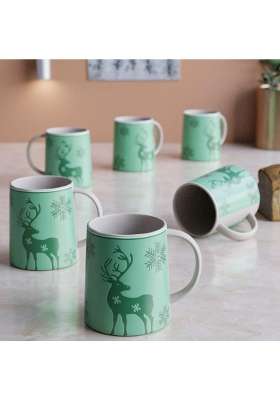 The Earth Store Green Reindeer Ceramic Coffee Mug | 300 ml | 10.1 fl oz | 6-Piece Set | Dishwasher Safe | Microwave Safe