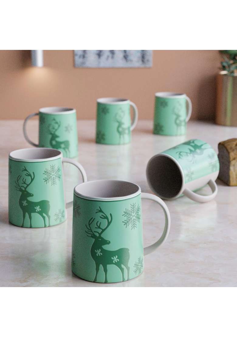 The Earth Store Green Reindeer Ceramic Coffee Mug | 300 ml | 10.1 fl oz | 6-Piece Set | Dishwasher Safe | Microwave Safe - Indya