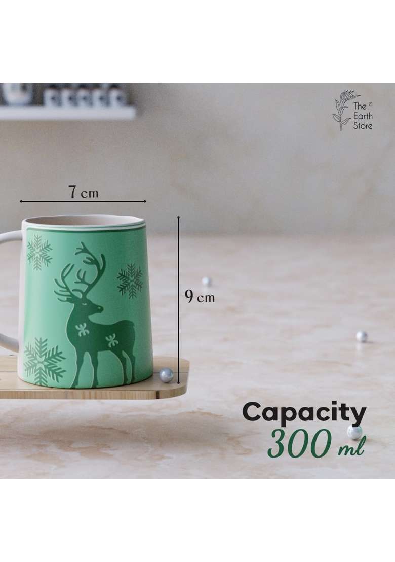 The Earth Store Green Reindeer Ceramic Coffee Mug | 300 ml | 10.1 fl oz | 6-Piece Set | Dishwasher Safe | Microwave Safe - Indya