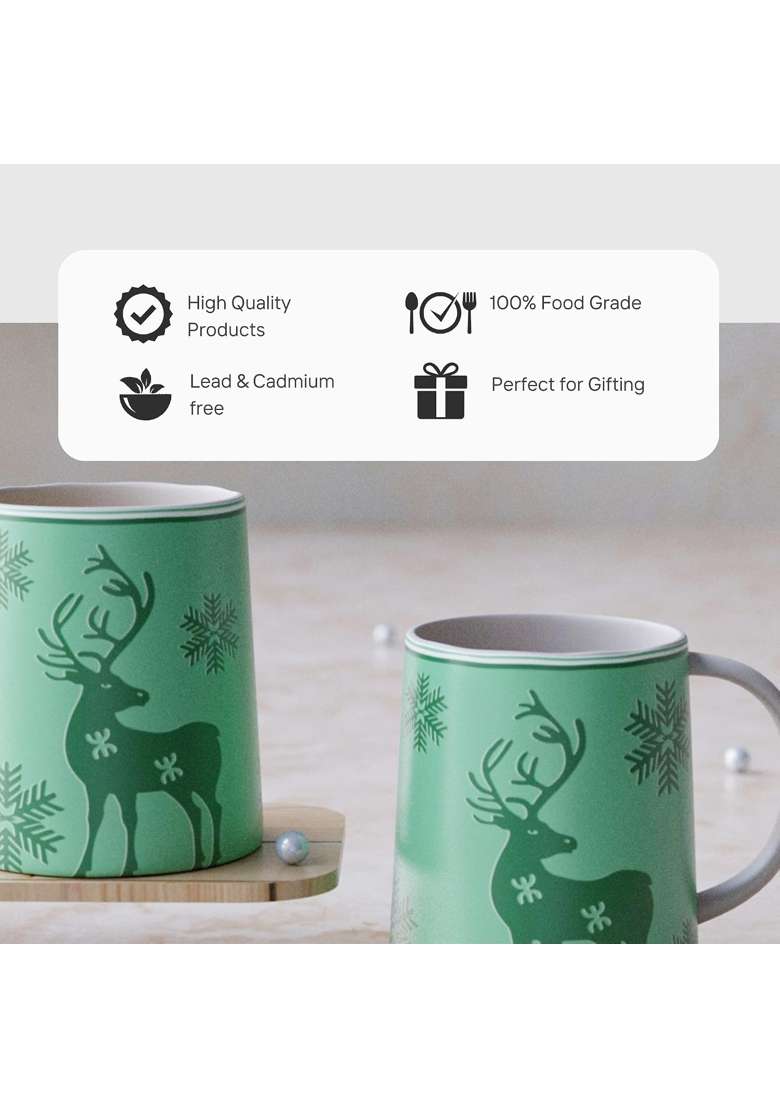 The Earth Store Green Reindeer Ceramic Coffee Mug | 300 ml | 10.1 fl oz | 6-Piece Set | Dishwasher Safe | Microwave Safe - Indya