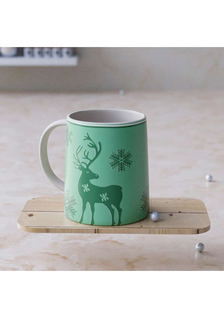The Earth Store Green Reindeer Ceramic Coffee Mug | 300 ml | 10.1 fl oz | Dishwasher Safe | Microwave Safe - Indya