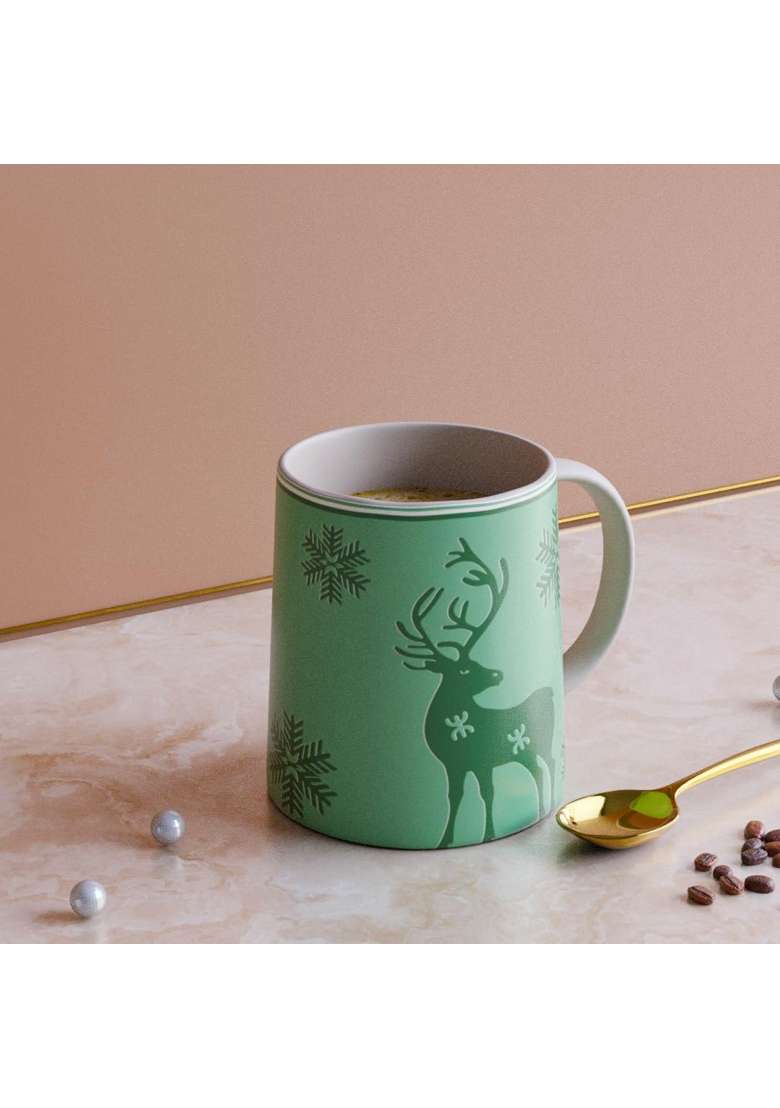The Earth Store Green Reindeer Ceramic Coffee Mug | 300 ml | 10.1 fl oz | Dishwasher Safe | Microwave Safe - Indya