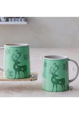 The Earth Store Green Reindeer Ceramic Coffee Mug Set | 300 ml | 10.1 fl oz | 2-Piece Set | Microwave Safe