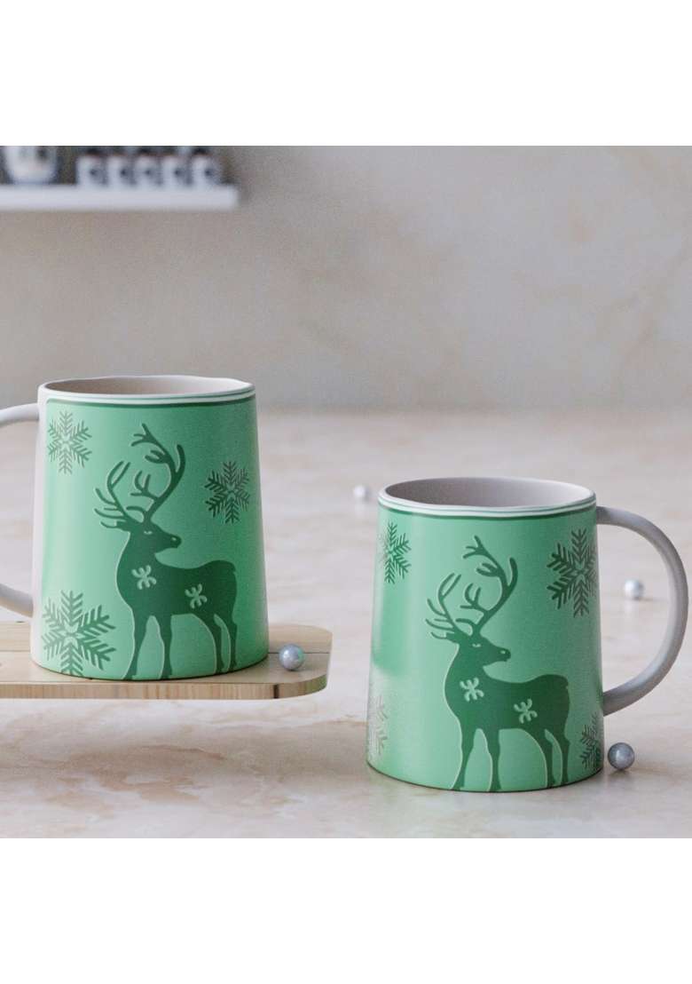 The Earth Store Green Reindeer Ceramic Coffee Mug Set | 300 ml | 10.1 fl oz | 2-Piece Set | Microwave Safe - Indya