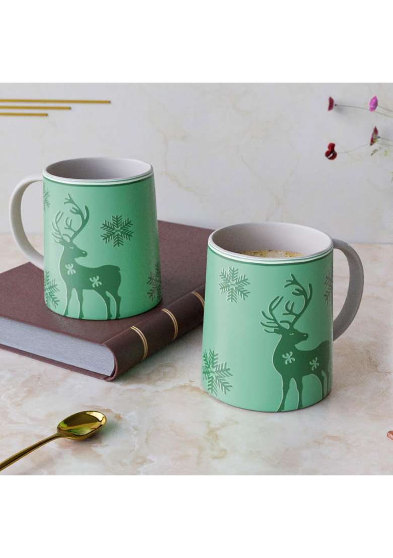 The Earth Store Green Reindeer Ceramic Coffee Mug Set | 300 ml | 10.1 fl oz | 2-Piece Set | Microwave Safe - Indya