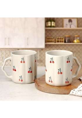 The Earth Store Cream Cherry Ceramic Coffee Mug Set | 300 ml | 10.1 fl oz | 2-Piece Set | Microwave Safe