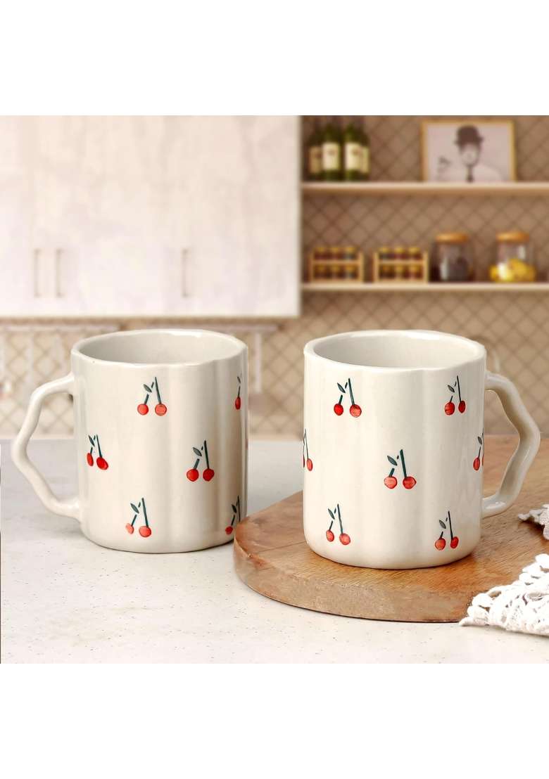 The Earth Store Cream Cherry Ceramic Coffee Mug Set | 300 ml | 10.1 fl oz | 2-Piece Set | Microwave Safe - Indya