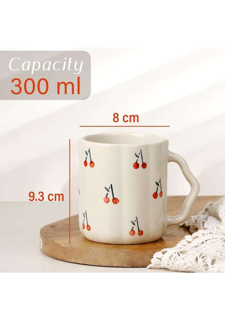 The Earth Store Cream Cherry Ceramic Coffee Mug Set | 300 ml | 10.1 fl oz | 2-Piece Set | Microwave Safe - Indya