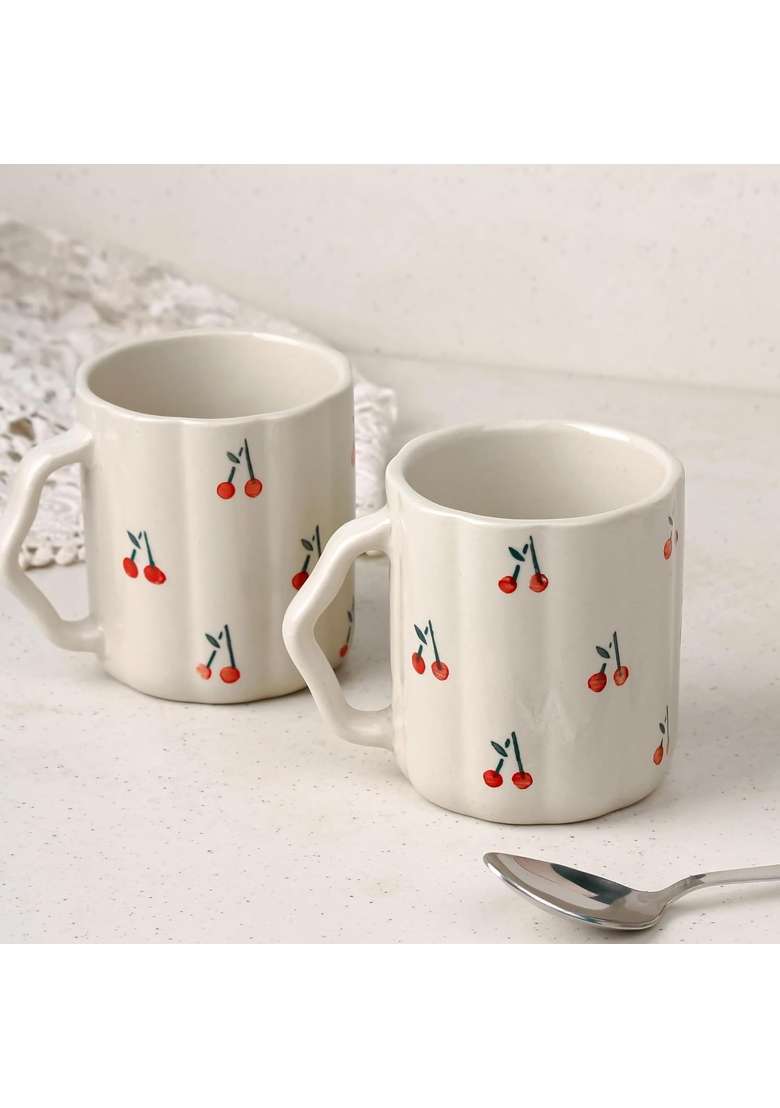 The Earth Store Cream Cherry Ceramic Coffee Mug Set | 300 ml | 10.1 fl oz | 2-Piece Set | Microwave Safe - Indya