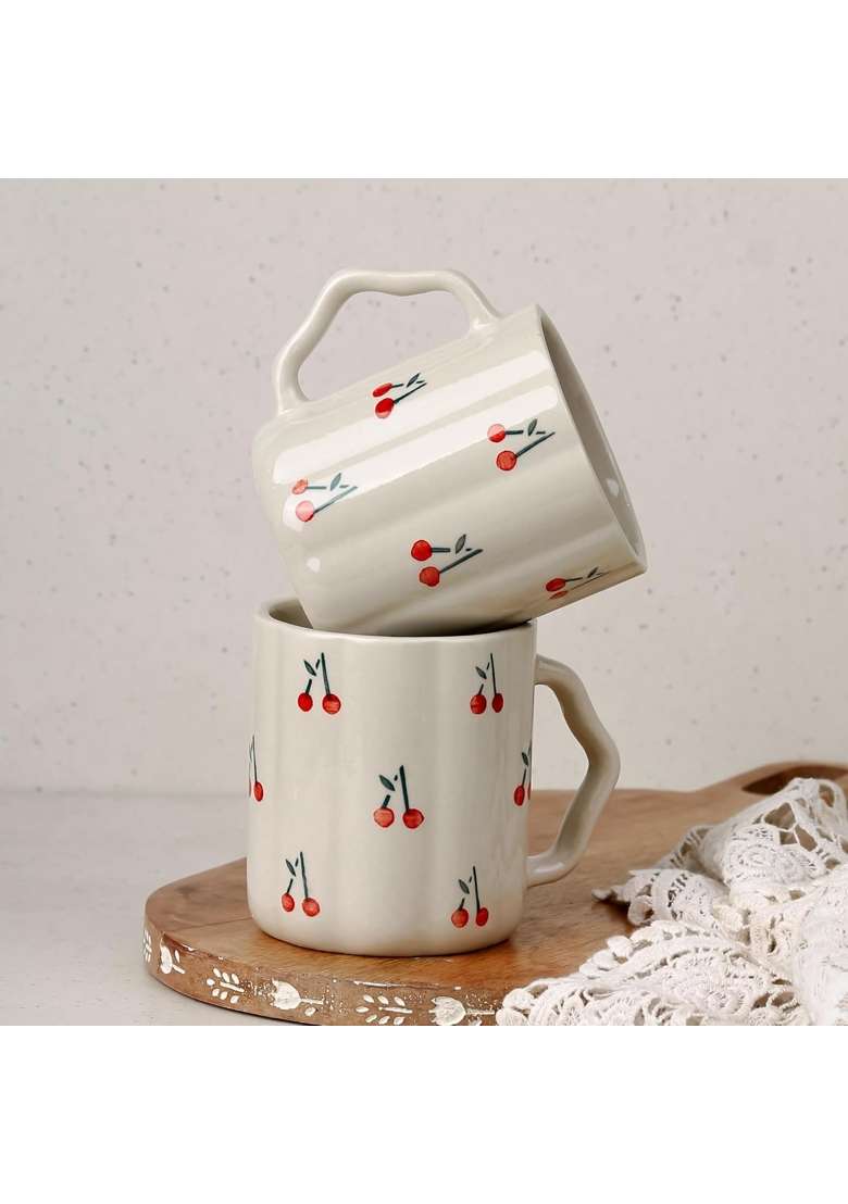 The Earth Store Cream Cherry Ceramic Coffee Mug Set | 300 ml | 10.1 fl oz | 2-Piece Set | Microwave Safe - Indya