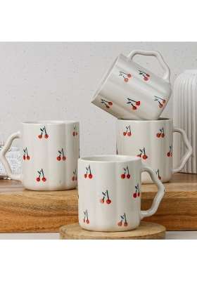 The Earth Store Cream Cherry Ceramic Coffee Mug | 300 ml | 10.1 fl oz | 4-Piece Set | Microwave Safe