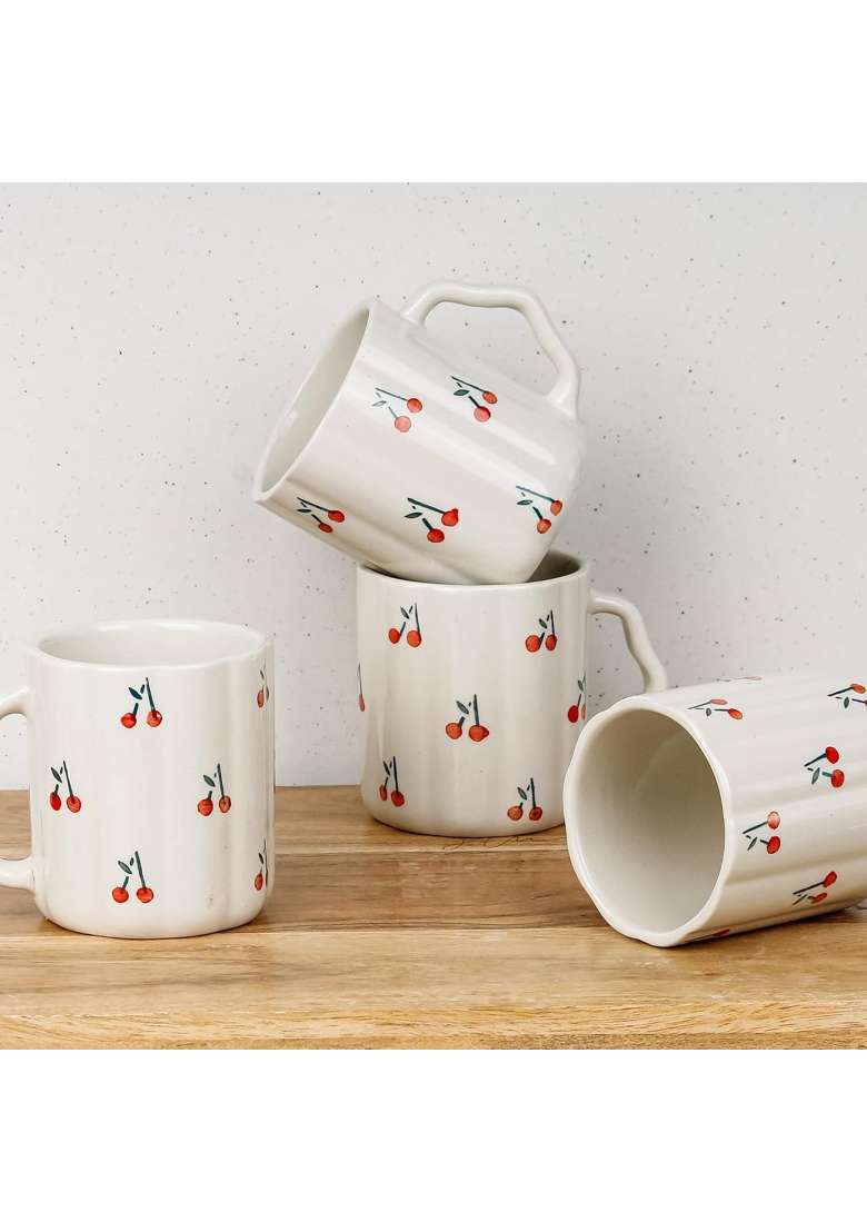 The Earth Store Cream Cherry Ceramic Coffee Mug | 300 ml | 10.1 fl oz | 4-Piece Set | Microwave Safe - Indya
