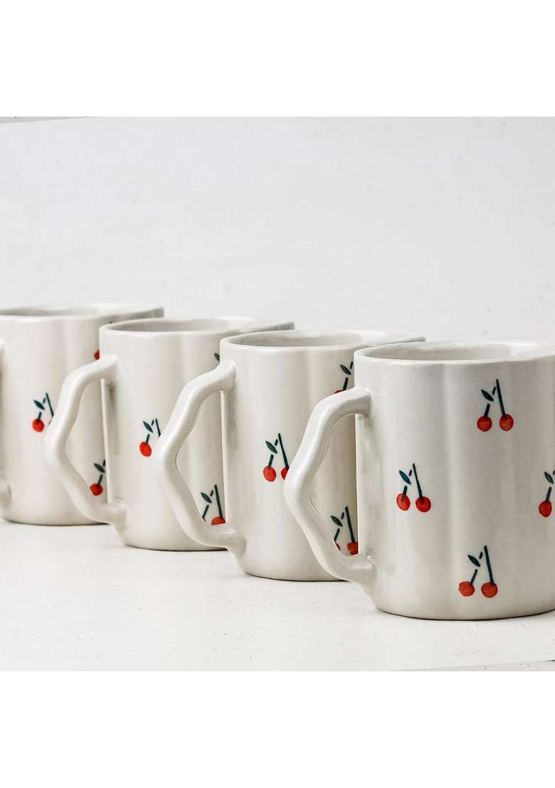 The Earth Store Cream Cherry Ceramic Coffee Mug | 300 ml | 10.1 fl oz | 4-Piece Set | Microwave Safe - Indya