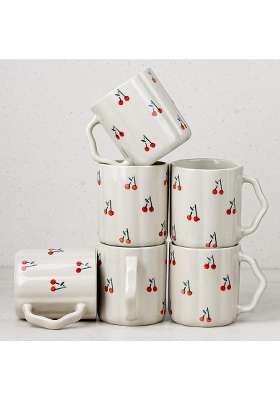 The Earth Store Cream Cherry Ceramic Coffee Mug | 300 ml | 10.1 fl oz | 6-Piece Set | Dishwasher Safe | Microwave Safe