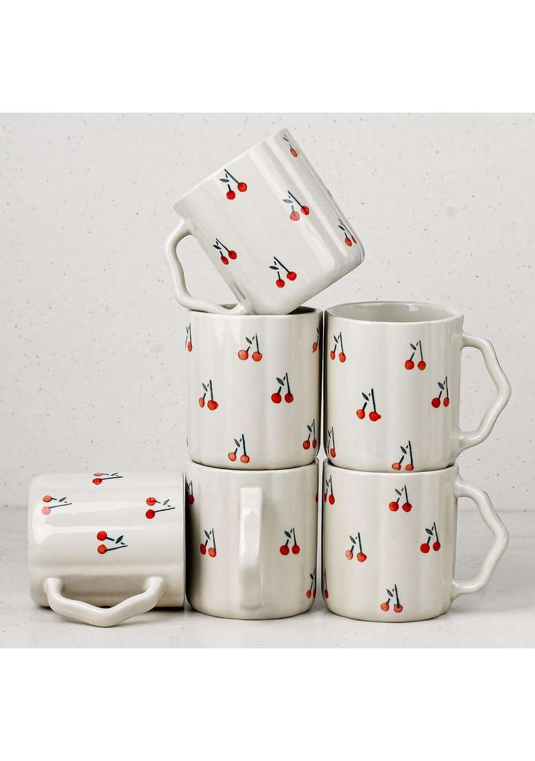 The Earth Store Cream Cherry Ceramic Coffee Mug | 300 ml | 10.1 fl oz | 6-Piece Set | Dishwasher Safe | Microwave Safe - Indya